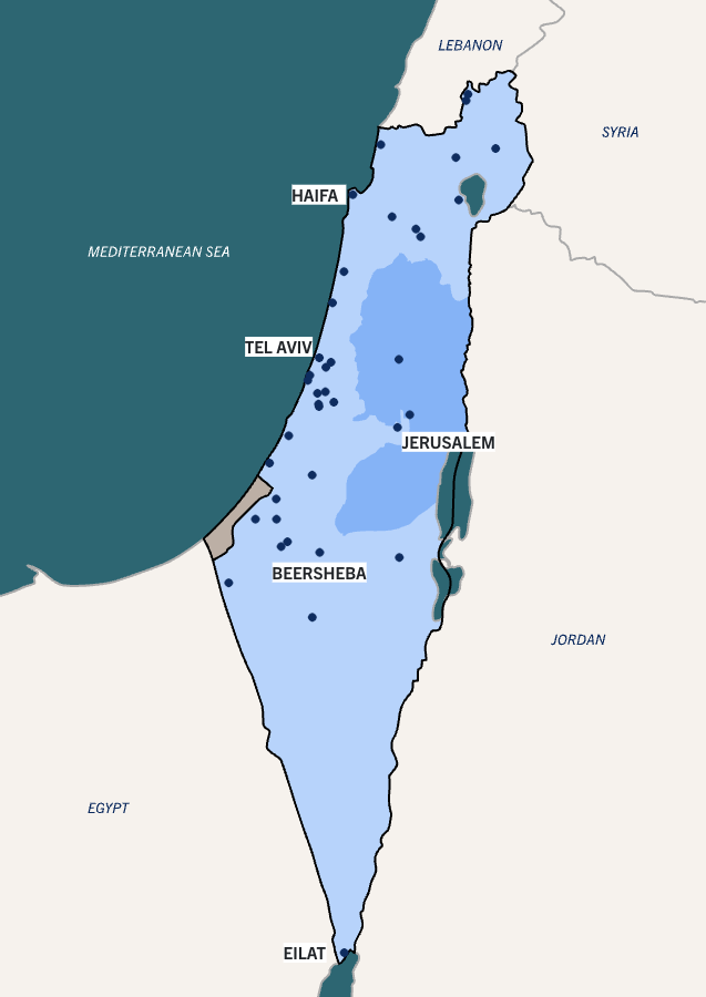 A map of Israel showing Helmsley's grant projects in the region